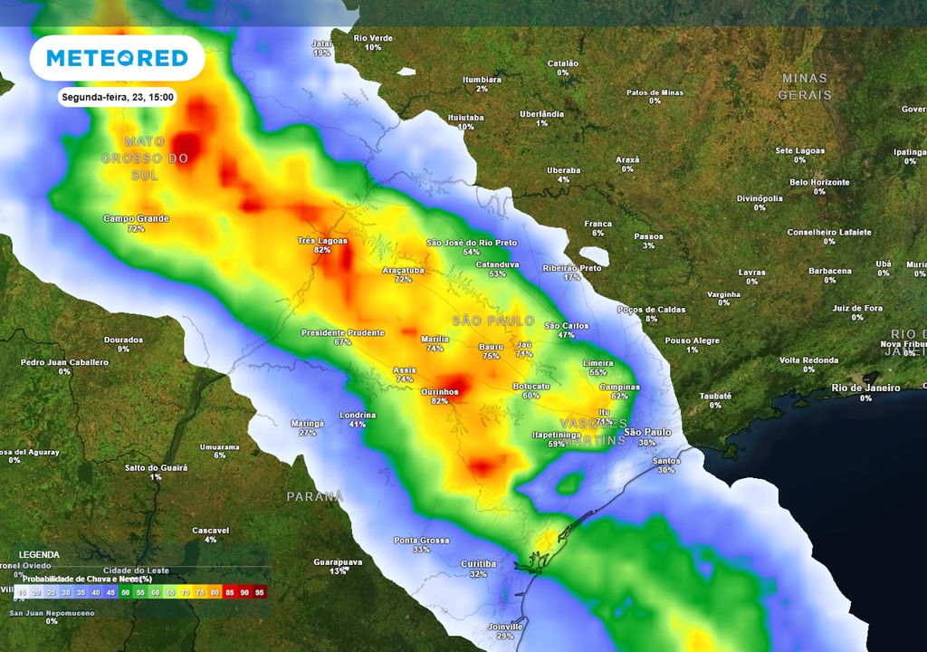 Previsão de probabilidade de chuva na segunda-feira durante a tarde. Previsão de probabilidade de chuva na segunda-feira durante a tarde.