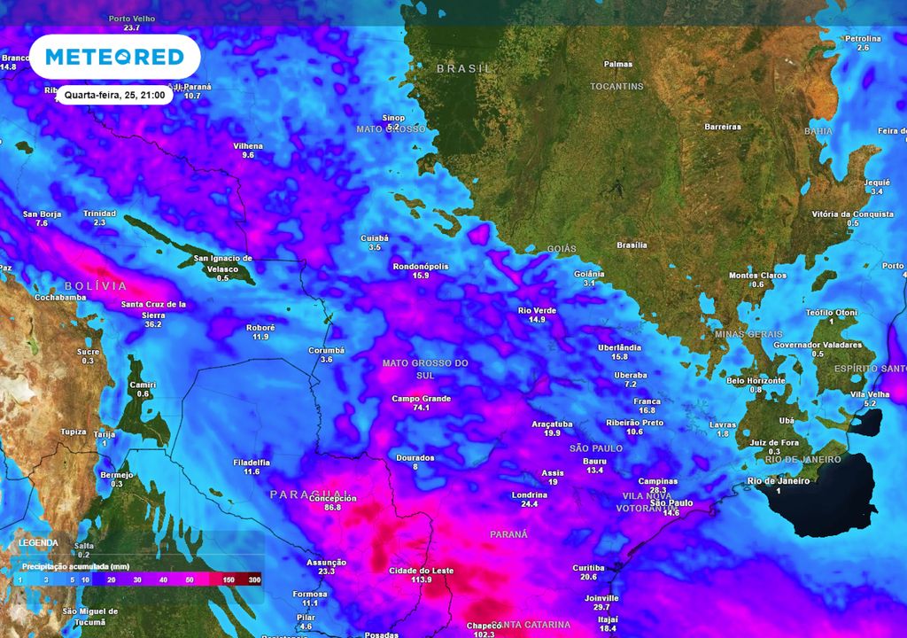 Previsão de acumulados totais de chuva até o final da quarta-feira. Previsão de acumulados totais de chuva até o final da quarta-feira.