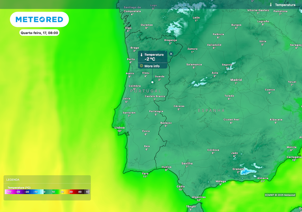 Temperaturas mínimas baixas em Portugal Continental, próximas dos -2 ºC na Serra da Estrela e 2 ºC nos distritos do interior Norte.