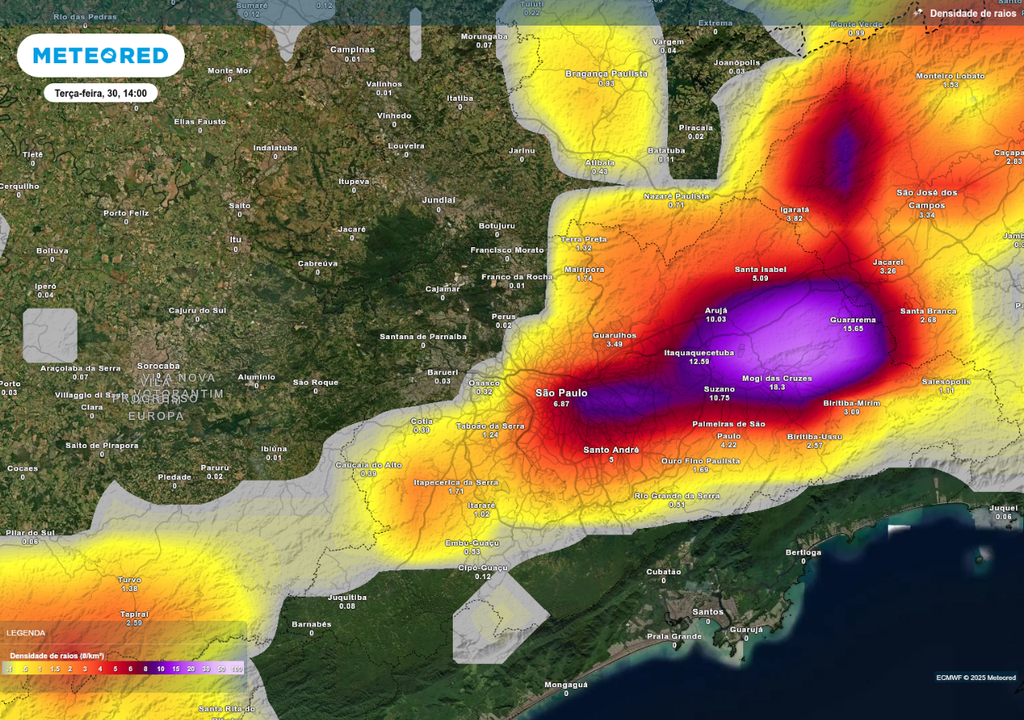 Previsão de tempestades na tarde de terça-feira (30), de acordo com o ECMWF.