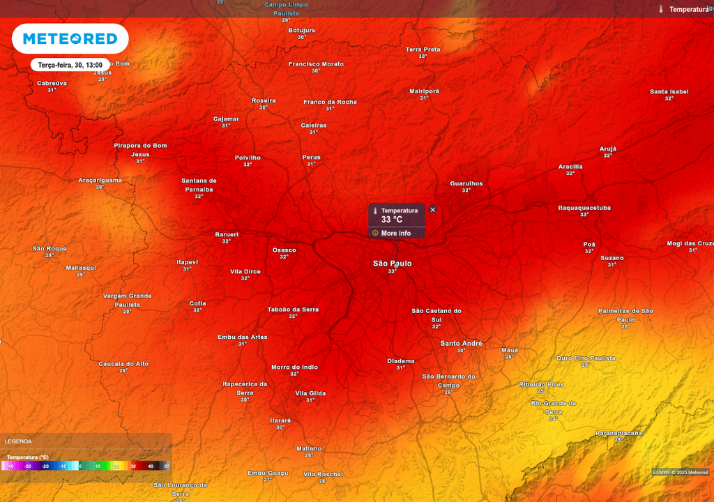 Previsão de temperatura máxima nesta terça-feira (30), de acordo com o ECMWF.