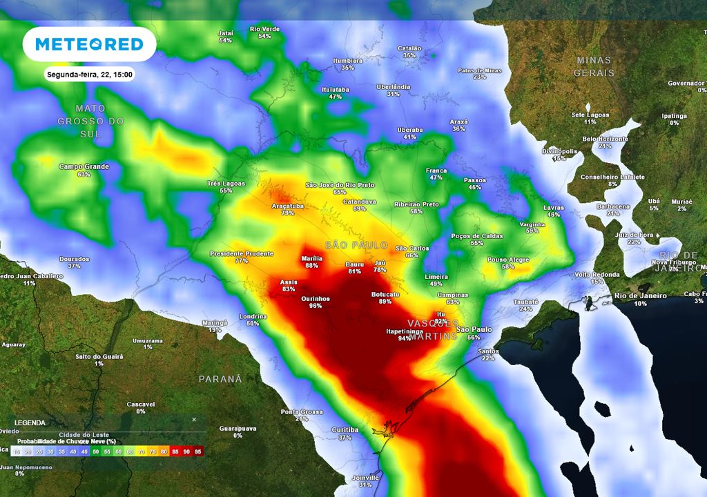 Previsão de probabilidade de chuva nesta segunda-feira durante a tarde. Previsão de probabilidade de chuva nesta segunda-feira durante a tarde.