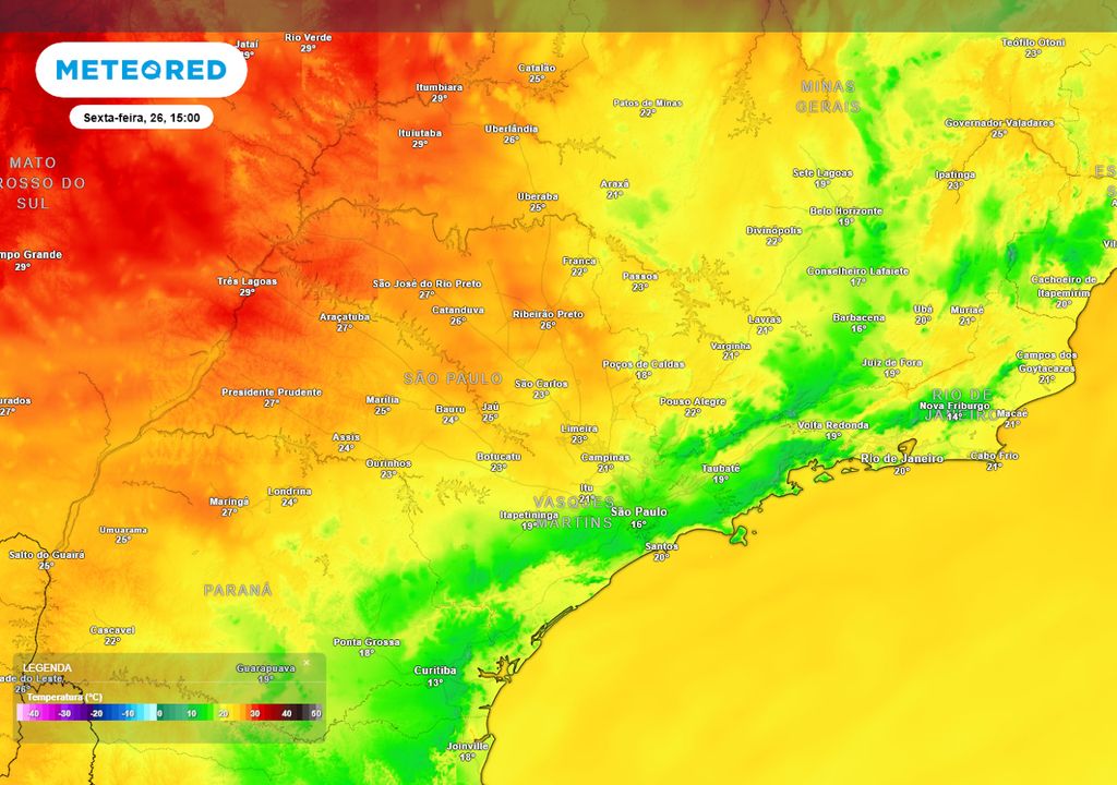 Previsão de temperaturas máximas no Sudeste durante esta sexta-feira de tarde. Previsão de temperaturas máximas no Sudeste durante esta sexta-feira de tarde.