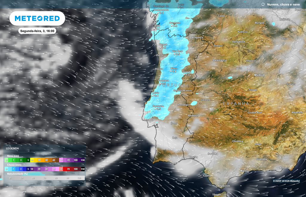 Uma frente de fraca atividade e em fase de dissipação poderá produzir períodos de chuva fraca em Portugal continental na próxima segunda-feira, 3 de agosto, embora, neste momento, a sua ocorrência e distribuição permaneçam relativamente incertas.