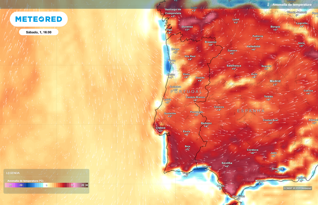 As anomalias térmicas positivas permanecem dominantes na geografia de Portugal continental nos próximos dias, apesar de não estarem previstos valores excessivamente elevados. Somente de forma localizada se preveem temperaturas entre 5 e 7 ºC acima dos valores médios de referência como é o caso da Área Metropolitana de Lisboa, Baixo Alentejo, Algarve e alguns pontos do interior Norte e Centro.
