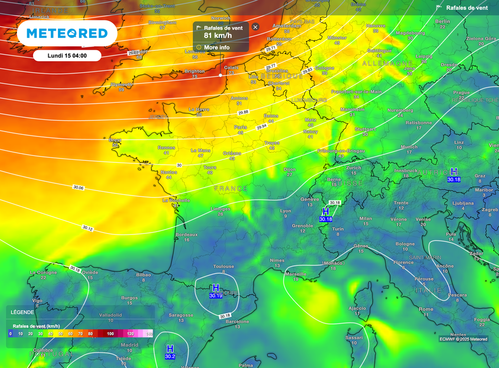 Un vent sensible à fort soufflera sur une bonne moitié nord de la France entre dimanche soir et lundi.