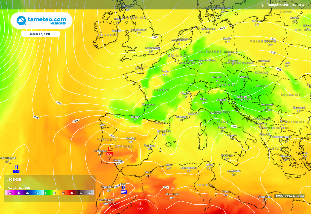 La masse d'air va se radoucir mais une goutte froide sera présente. La masse d'air va se radoucir mais une goutte froide sera présente.