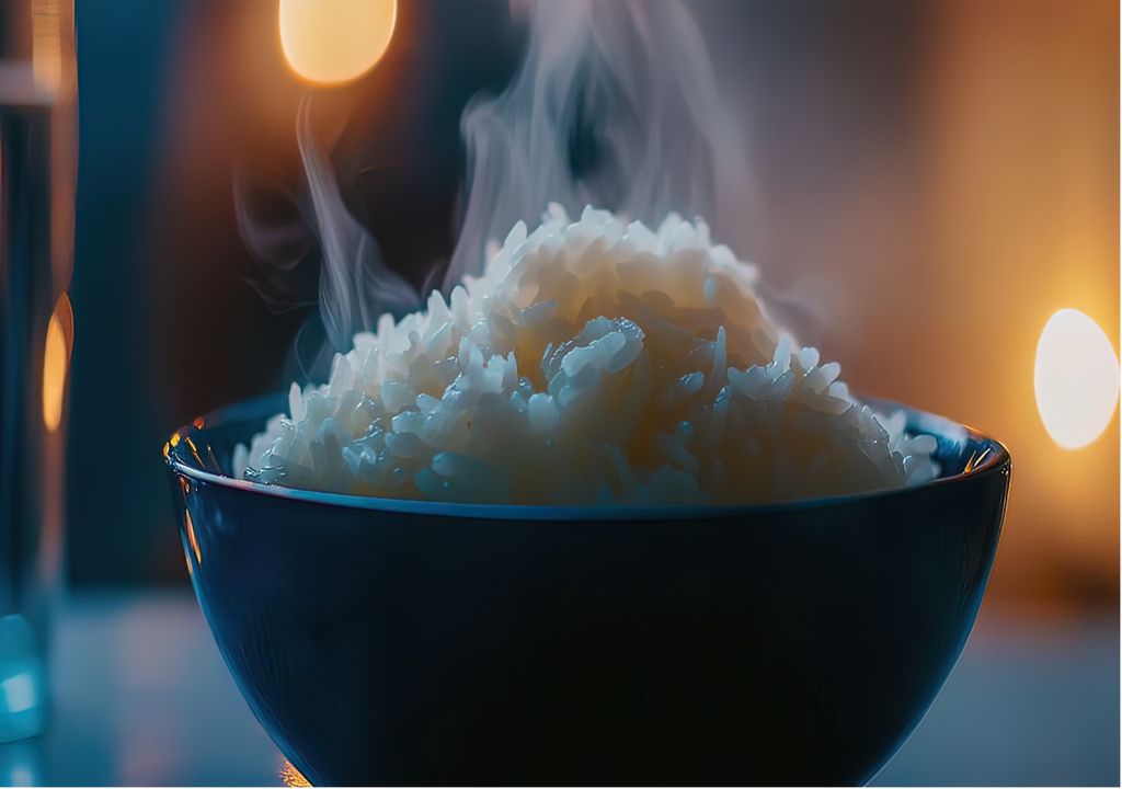 Tigela de arroz branco a fumegar