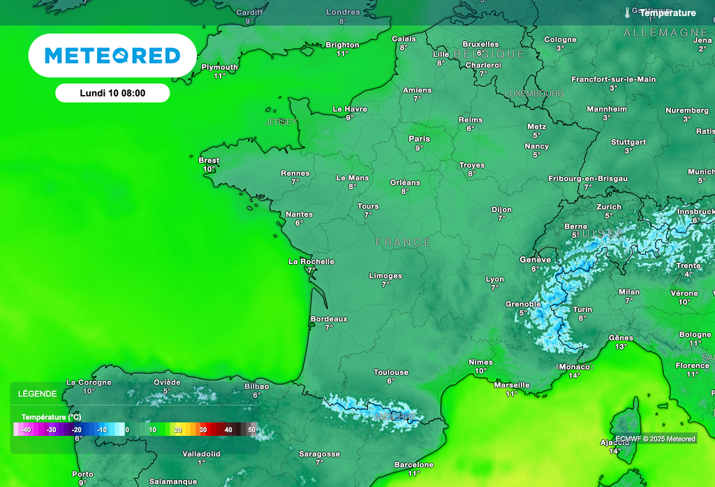 Températures ce lundi matin en France.