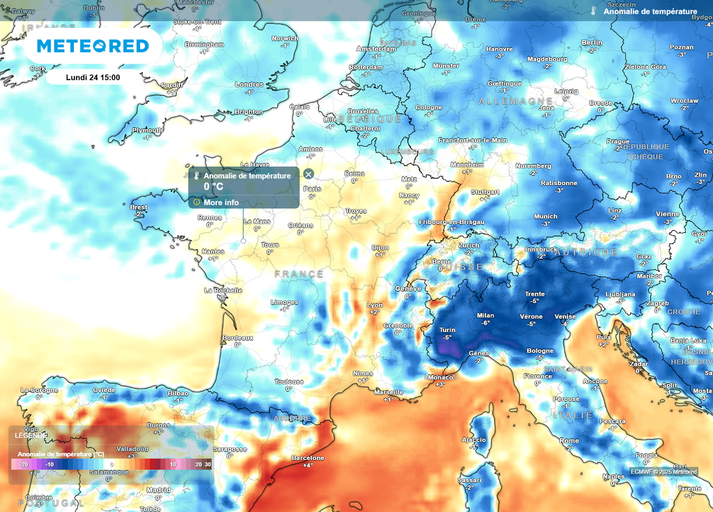 Anomalie de températures lundi après-midi