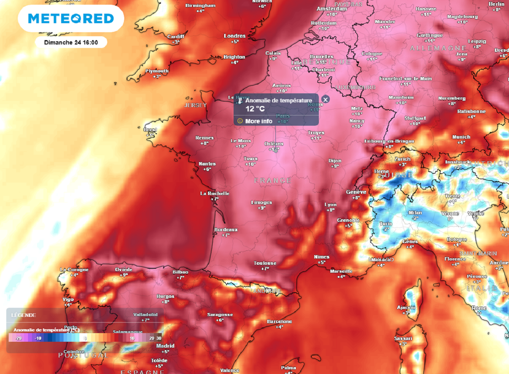 Dimanche après-midi, les maximales seront situées jusqu'à 10 voire 12°C au-dessus des normales de saison. Dimanche après-midi, les maximales seront situées jusqu'à 10 voire 12°C au-dessus des normales de saison.