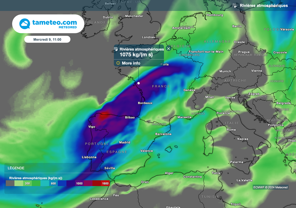 Nouvelle rivière atmosphérique attendue sur la France au cours des prochaines heures.