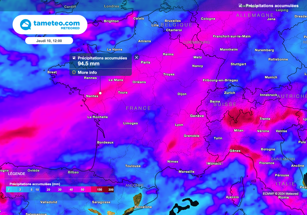 Près de 100 litres d'eau par mètre carré sont attendus dans le centre-ouest de la France.