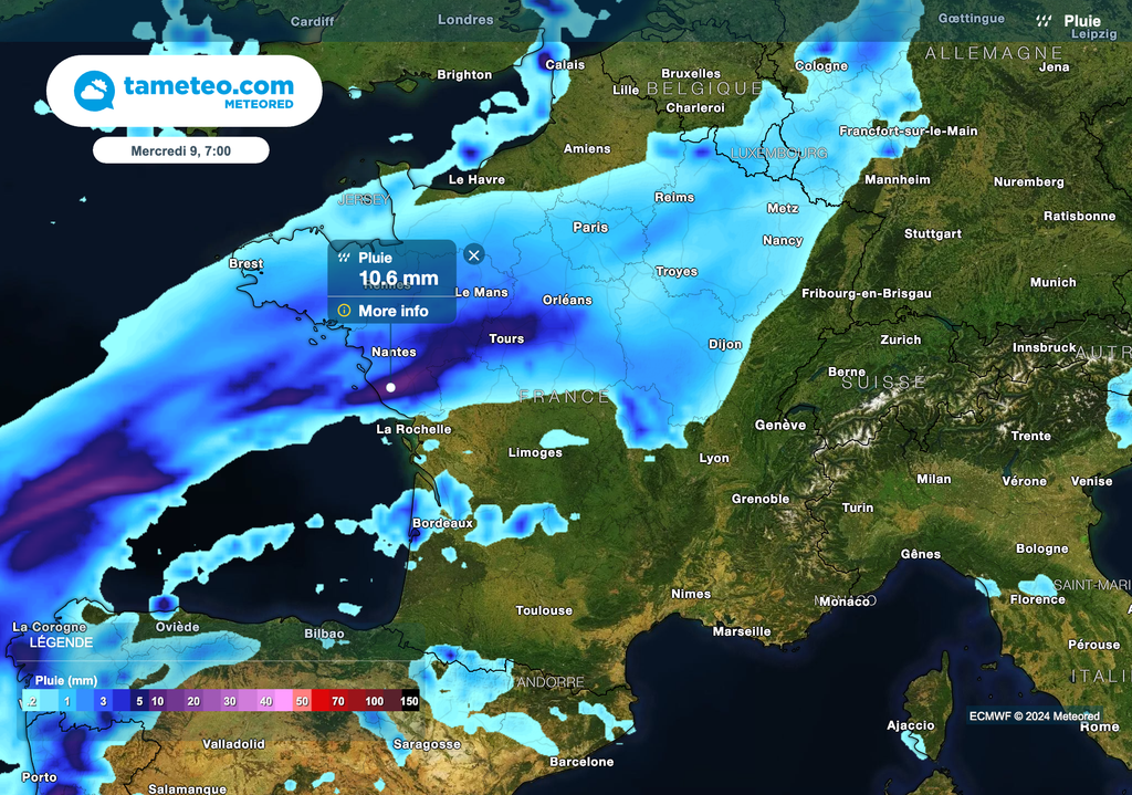 Zones concernées par les précipitations ce mercredi matin.