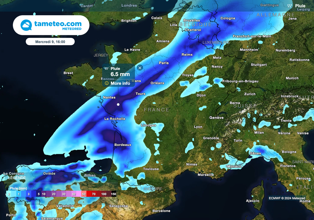 Zones concernées par les pluies en milieu de journée.
