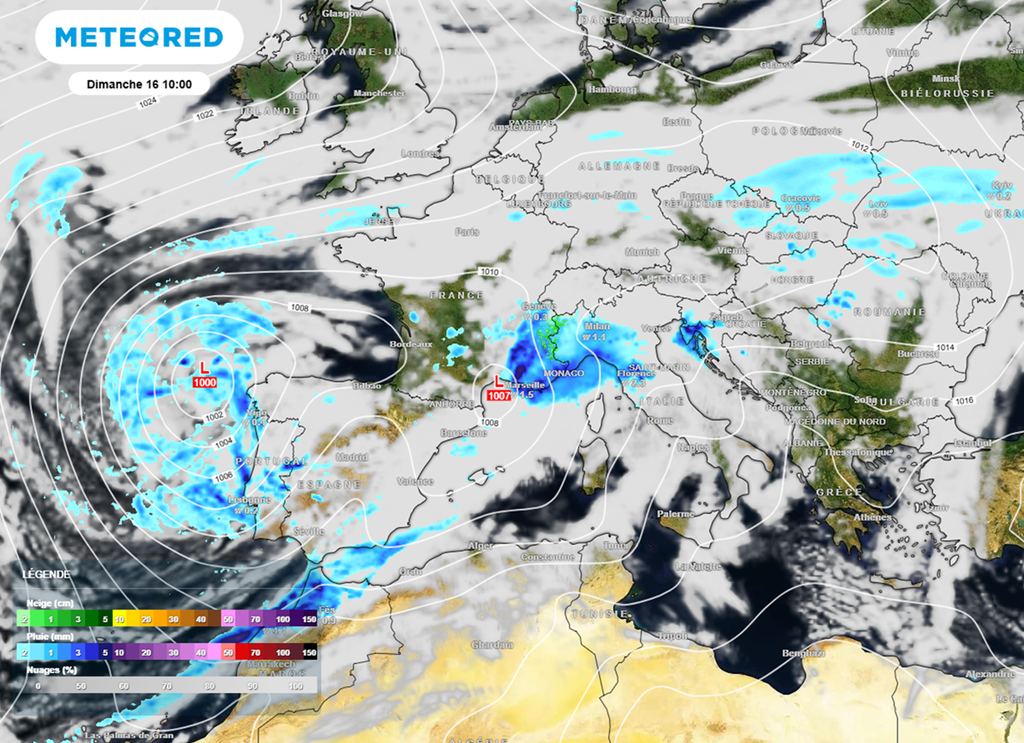 La dépression plongera vers la Péninsule ibérique dimanche, favorisant la remontée de pluies dans le sud-est. La dépression plongera vers la Péninsule ibérique dimanche, favorisant la remontée de pluies dans le sud-est.