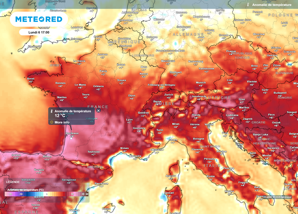 Pour le lundi de Pâques, les températures l'après-midi se situeront 2 à 6°C au-dessus des normales de saison sur la moitié Nord et près de la Méditerranée, 7 à 12°C au-dessus du Sud-Ouest au Centre-Est !