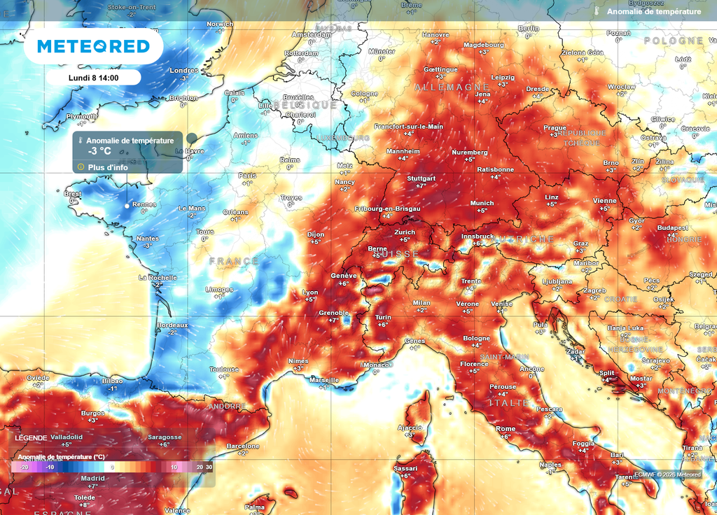 Anomalie de températures lundi après-midi Lundi après-midi, le conflit de masses d'air sera important, avec à l'Ouest des valeurs jusqu'à 3°C sous les normales de saison, et à l'Est des valeurs parfois plus de 5°C au-dessus !