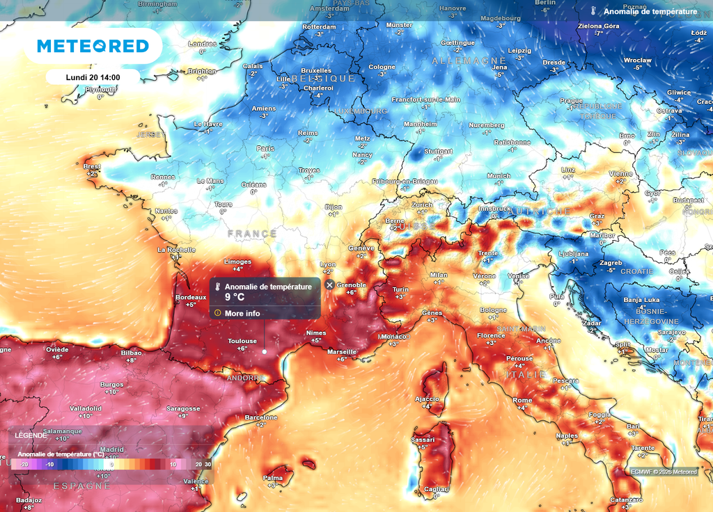 Dans les prochains jours, alors qu'une relative fraîcheur s'imposera sur la moitié Nord, la douceur s'affirmera encore sur la moitié Sud, jusqu'à 9°C d'excédent thermique !