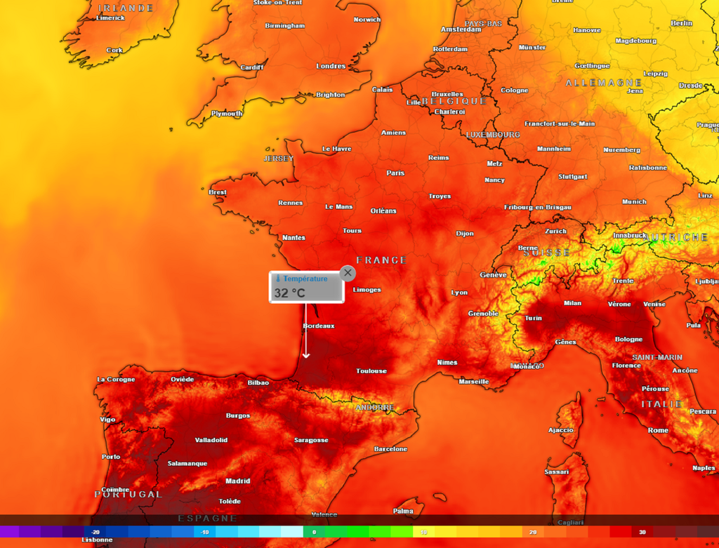 Dimanche après-midi, des pointes à 32°C sont attendues dans le sud-ouest du pays (modèle ECMWF).