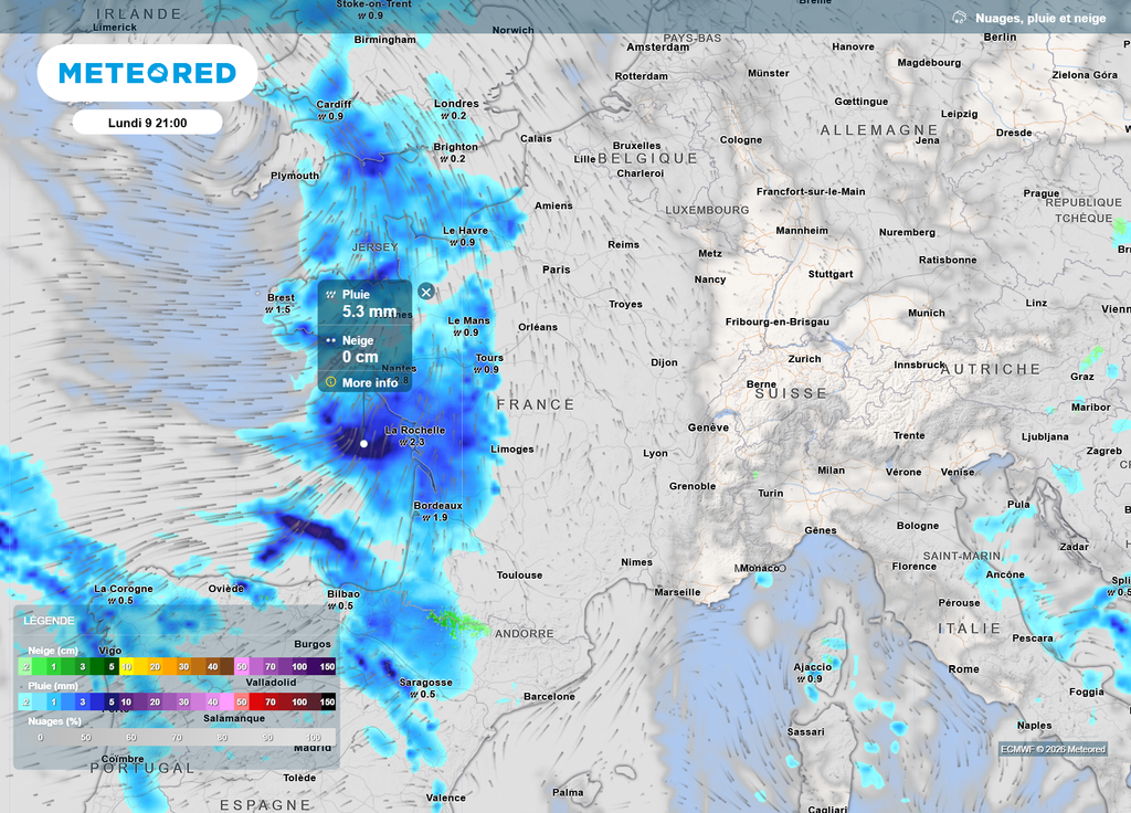Lundi soir, seul un tiers Ouest du pays sera concerné par la perturbation pluvieuse : partout ailleurs, le temps restera généralement sec.