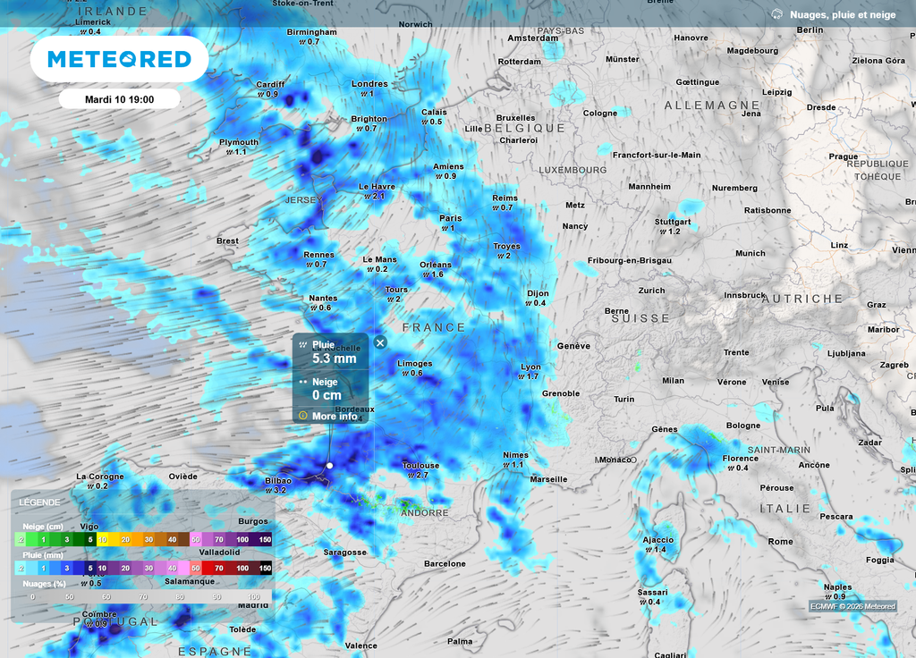 Mardi soir, la nouvelle perturbation pluvieuse s'étalera sur une grande partie du pays, avec de fortes intensités dans le Sud-Ouest.