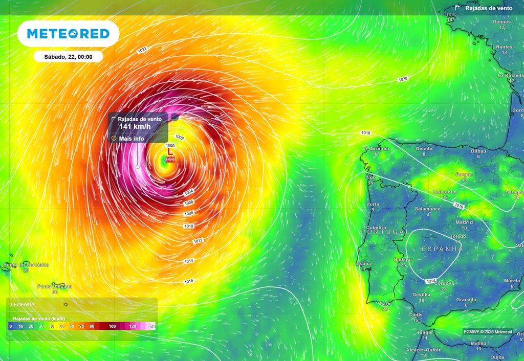 Nas primeiras horas de sábado (22) a tempestade poderá entrar numa fase de desenvolvimento explosivo. Os ventos em mar aberto poderão atingir velocidades semelhantes à de um furacão, com rajadas até 140 km/h, mas manter-se-ão afastados de terra firme.