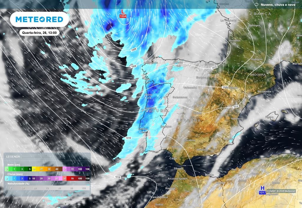 Perspetiva-se a chegada de uma nova frente na próxima quarta-feira (26) que produzirá mais períodos de chuva no nosso país.