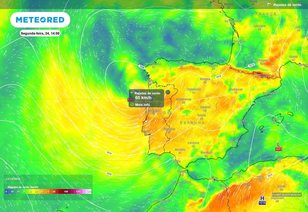 Preveem-se rajadas de até 60/70 km/h na próxima segunda-feira (24).