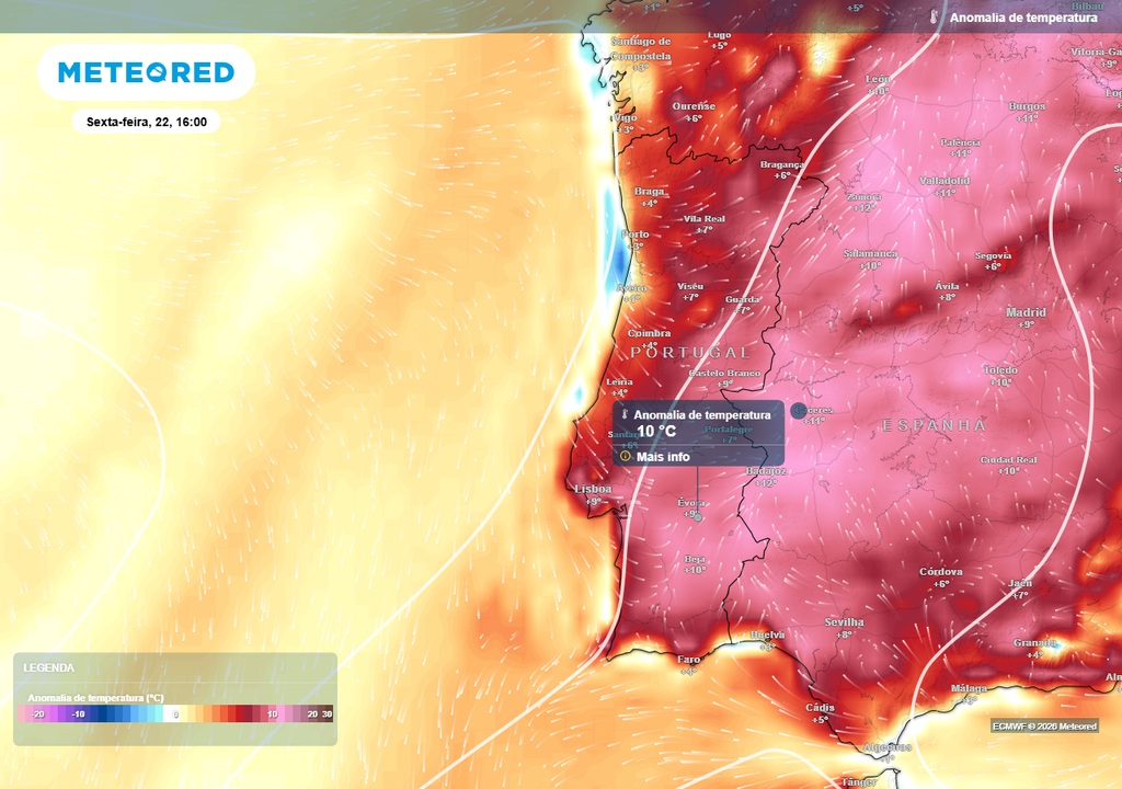 As anomalias térmicas positivas oscilarão normalmente entre 4 a 9 ºC acima da média climatológica de referência, porém, nalgumas zonas do interior Sul e em alguns momentos desta semana poderão registar-se valores localmente superiores (+10 ºC).