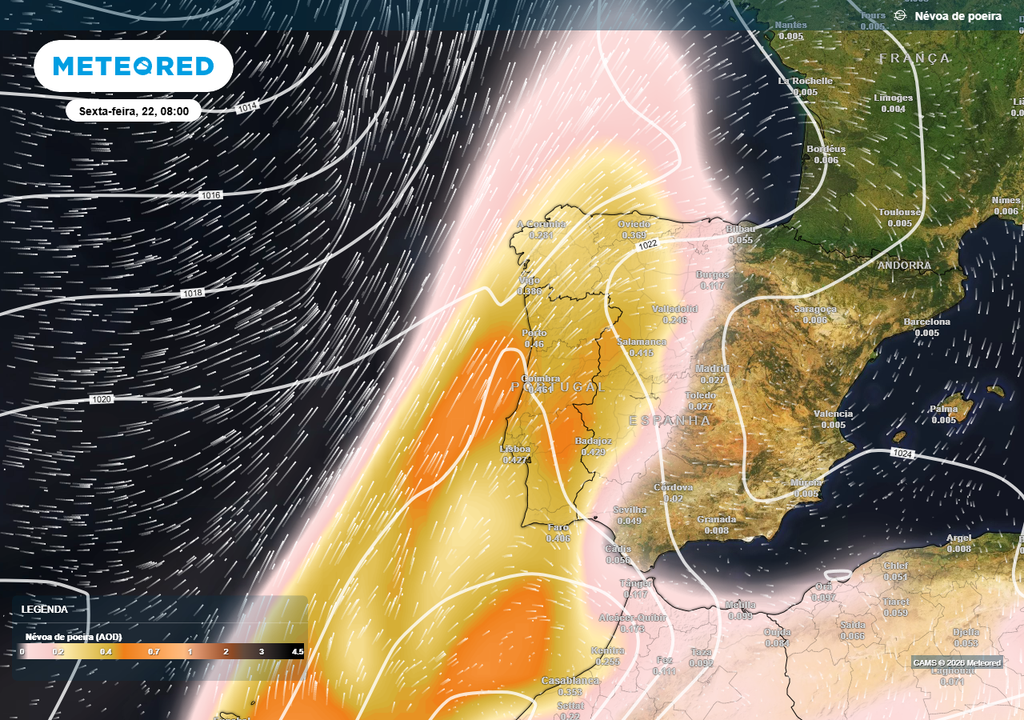 Vasta língua de poeiras do Saara acompanhará a deslocação do ar quente, espalhando-se de sul para norte em Portugal continental.