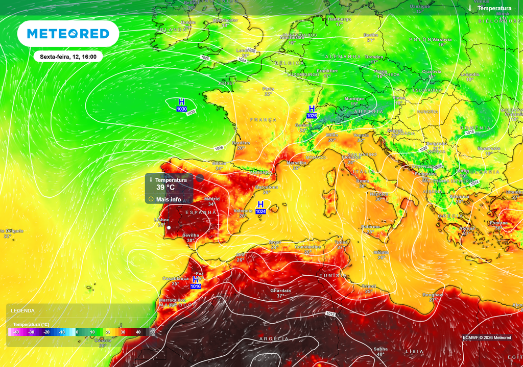 Uma crista anticiclónica associada a uma massa de ar quente favorecerá tempo estável e uma subida das temperaturas, resultando em valores acima da média.