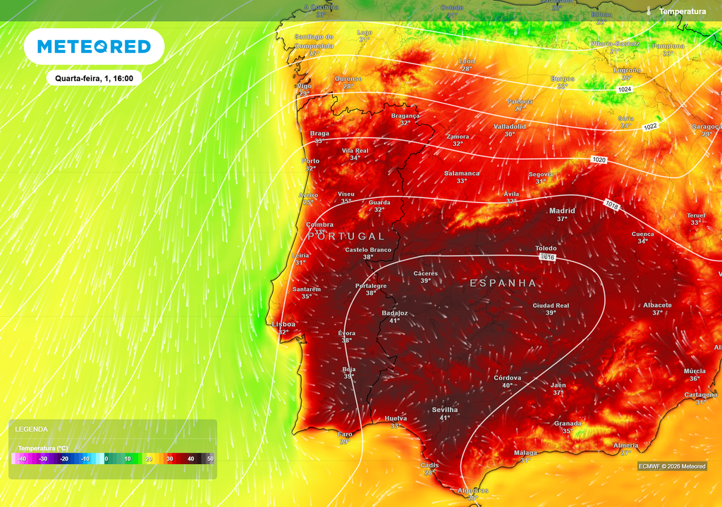Temperatura prevista para quarta-feira, 1 de julho, às 16h A massa de ar quente começará a instalar-se sobre Portugal durante a tarde de quarta-feira, dando início ao episódio de calor intenso.