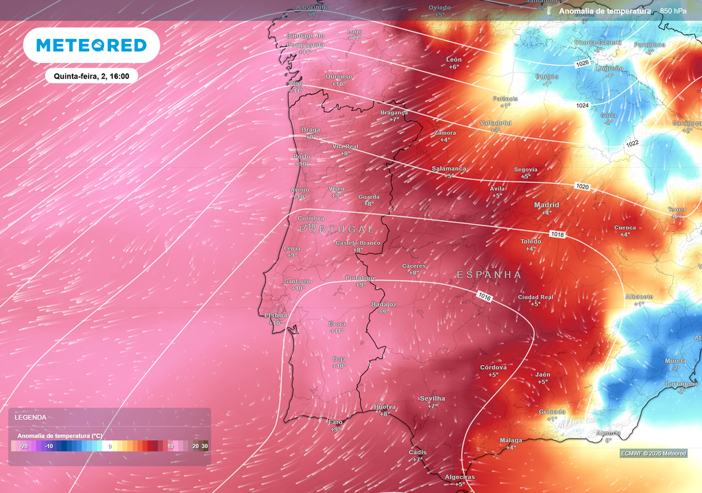 Anomalia da temperatura a 850 hPa prevista para quinta-feira, 2 de julho, às 16h A massa de ar prevista para quinta-feira apresentará valores muito superiores ao normal para o início de julho.