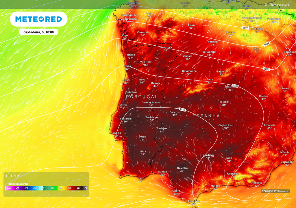 Temperatura prevista para sexta-feira, 3 de julho, às 18h O calor deverá manter-se durante sexta-feira, prolongando o episódio de temperaturas excecionalmente elevadas.