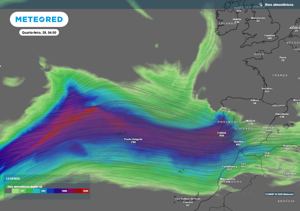 Rio de humidade proveniente das Caraíbas alimentará quase incessantemente as sucessivas frentes geradas pelas tempestades formadas no Atlântico Norte, intensificando a chuva em Portugal.