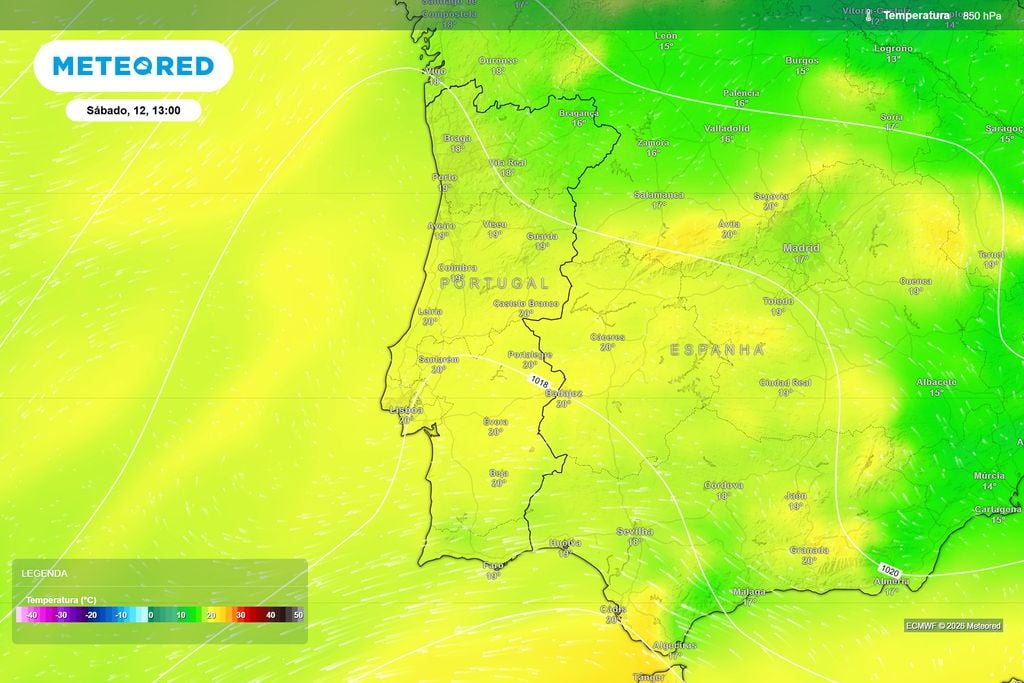 Uma massa de ar muito quente instalar-se-á sobre Portugal Temperatura prevista pelo ECMWF aos 850 hPa para sábado. Valores próximos dos 20 ºC deverão abranger grande parte do Centro e Sul, evidenciando a presença de ar muito quente em altitude.