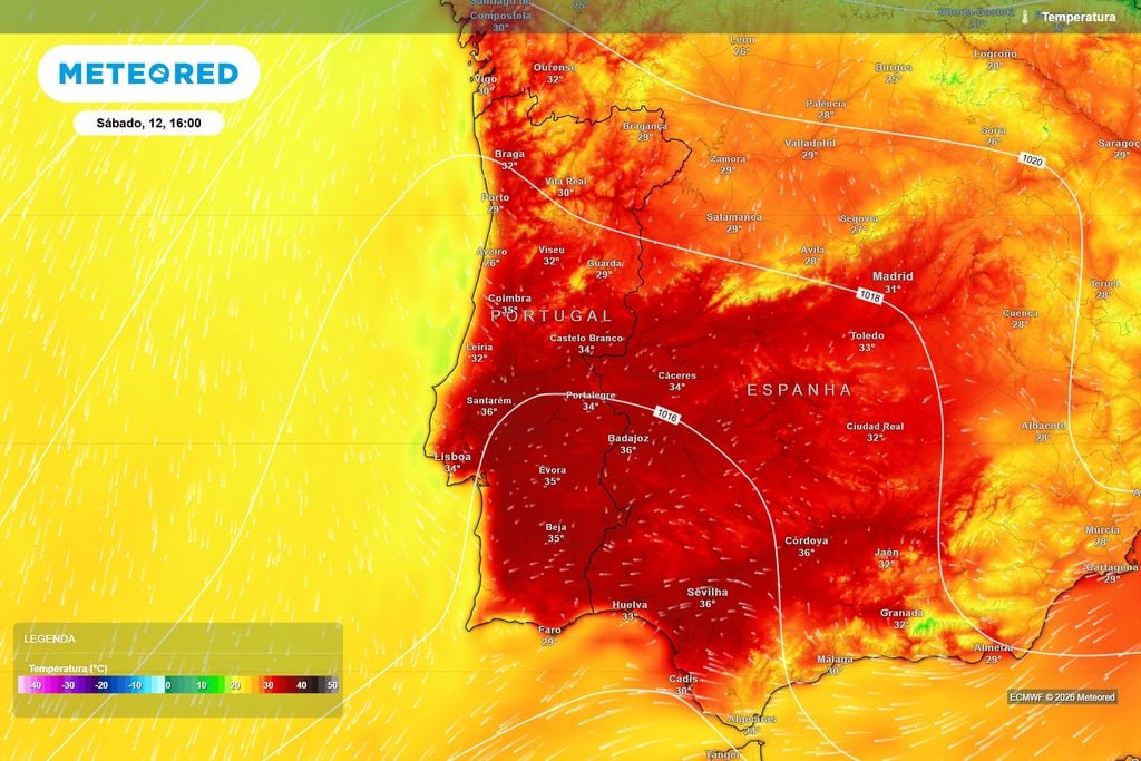 O calor intensifica-se no sábado, com várias regiões acima dos 35 ºC Temperaturas previstas pelo ECMWF para as 16h de sábado. Ribatejo, interior Centro e Alentejo estarão entre as regiões mais quentes, com valores localmente iguais ou superiores a 35 ºC.