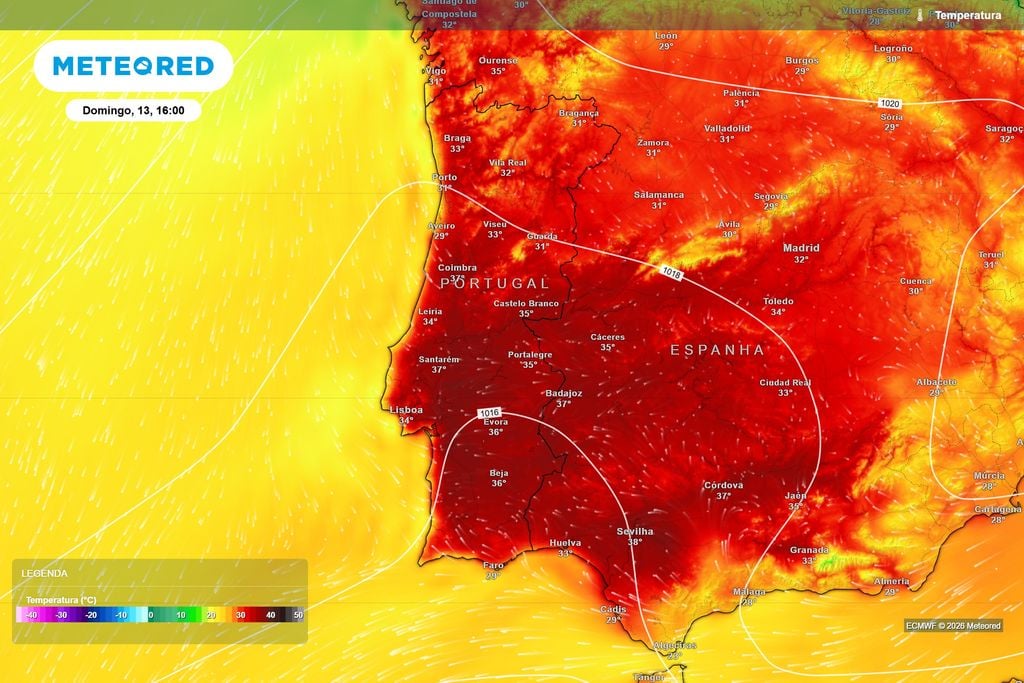 No domingo, os termómetros poderão alcançar 37 ºC em várias regiões Temperaturas previstas pelo ECMWF para domingo à tarde. O calor deverá intensificar-se no Centro e Sul, com valores entre 35 e 37 ºC em várias zonas do interior.