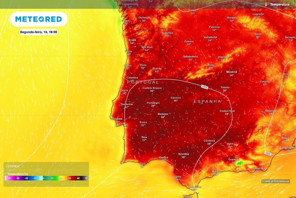 Segunda-feira prolongará o calor intenso em Portugal Temperaturas previstas pelo ECMWF para segunda-feira às 16h. Várias regiões do Centro e Sul poderão alcançar 36 a 37 ºC, mantendo-se o calor intenso também no interior Norte.
