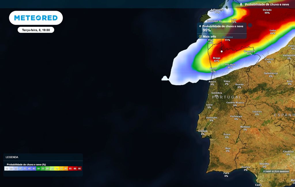 O Noroeste de Portugal é a zona onde se prevê, durante mais horas, uma probabilidade superior a 90% de ocorrência de precipitação.