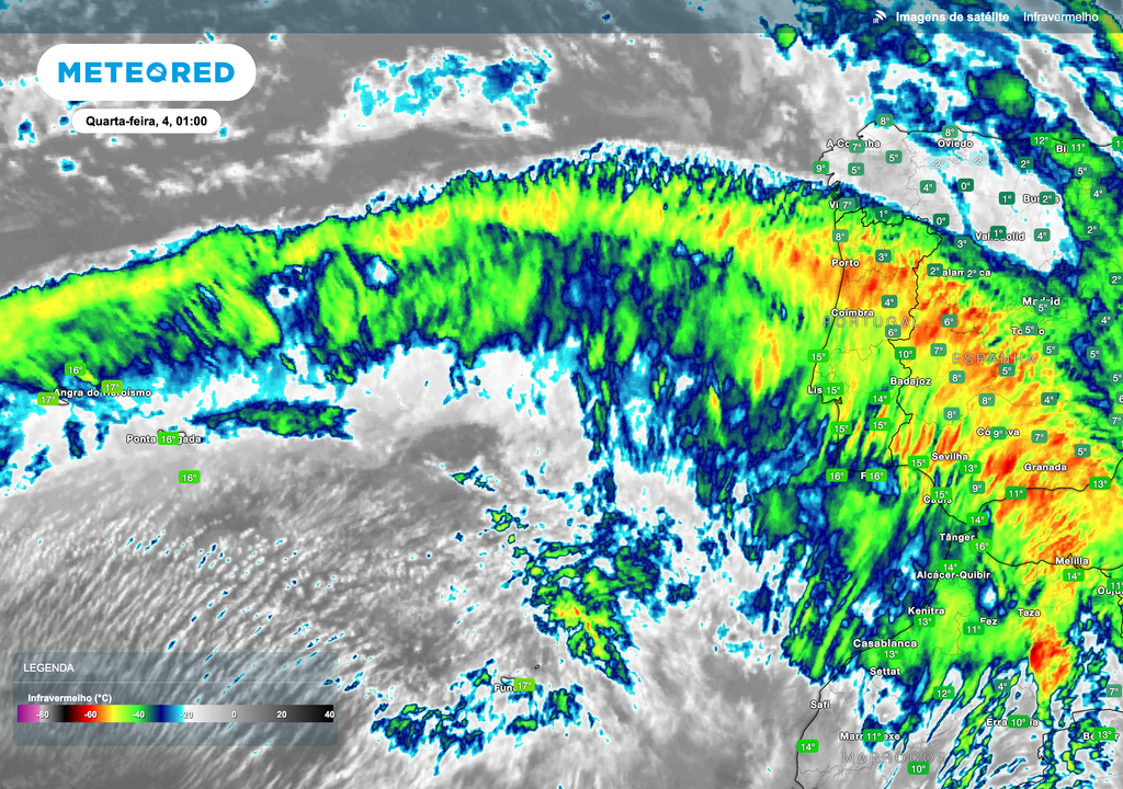 Imagem de satélite em infravermelho da madrugada de quarta-feira, evidenciando uma extensa banda frontal associada à depressão Leonardo, responsável por precipitação intensa e persistente sobre Portugal continental.