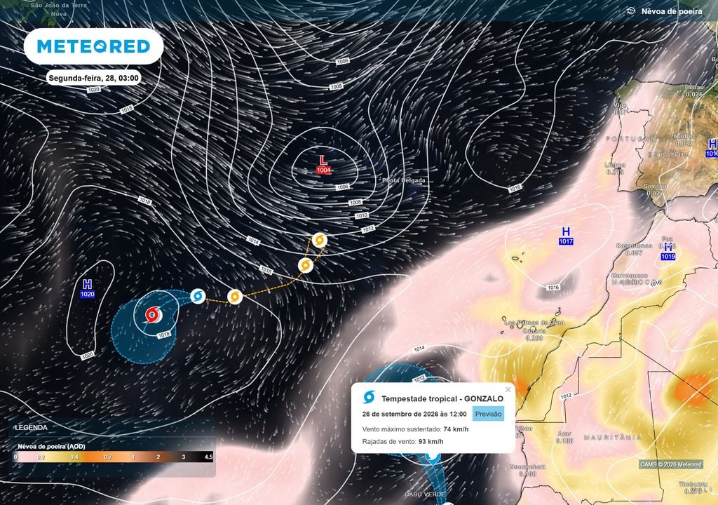 Poeiras saarianas em suspensão a cobrir Portugal continental na próxima segunda-feira (28) e dados meteorológicos desta sexta-feira (25) relativos à tempestade tropical Gonzalo, posicionada a oeste da costa de África.