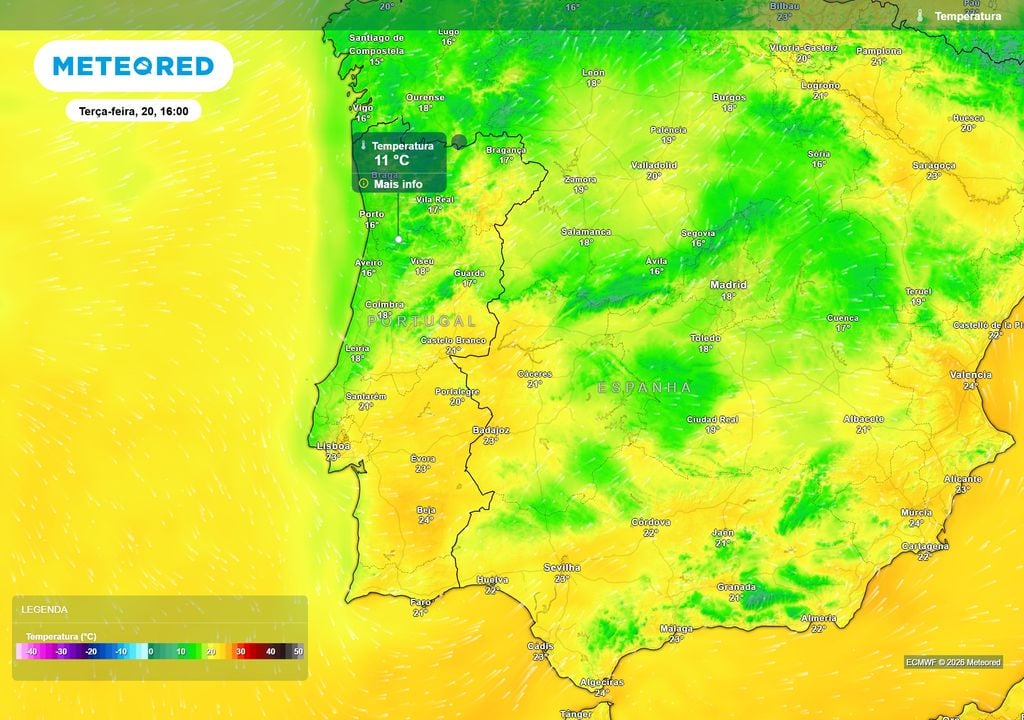 temperatura do ar à superfície Entre segunda e quinta-feira, Portugal Continental deverá registar uma descida das temperaturas. O Norte e o Centro do país deverão registar os valores mais baixos.