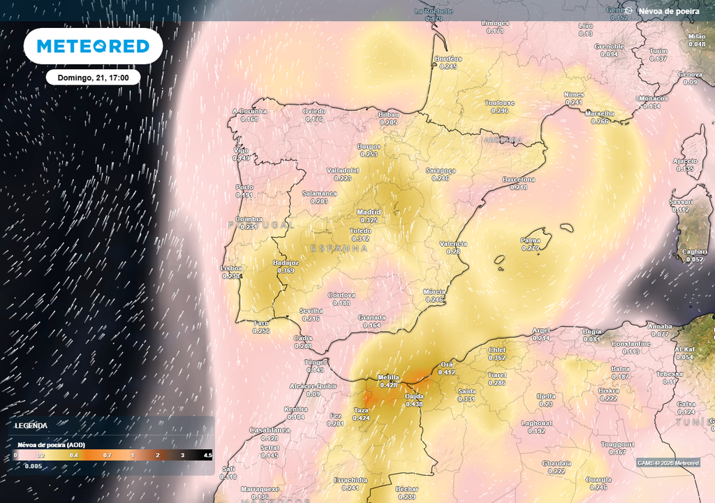 Nas próximas horas e dias a persistência de uma configuração atmosférica favorável ao transporte de massas de ar provenientes do Norte de África impulsionará a intrusão de poeiras saarianas sobre a Península Ibérica e outros países e regiões da Europa.
