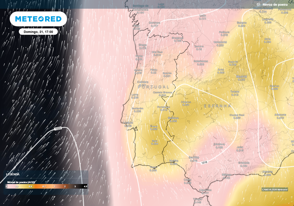 De acordo com a última saída do modelo CAMS, domingo, 21 de junho, poderá ser o dia em que se atingirá o pico de concentrações de partículas sobre o território de Portugal continental.