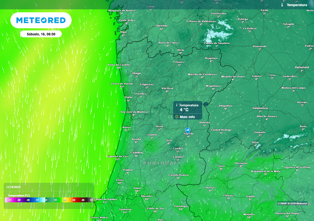 Várias cidades do interior registarão na próxima madrugada temperaturas iguais ou inferiores a 5 ºC, destacando-se as capitais distritais de Bragança e Guarda. Na zona da Serra da Estrela haverá zonas com valores próximos aos 0 ºC ou até mesmo abaixo deste patamar.