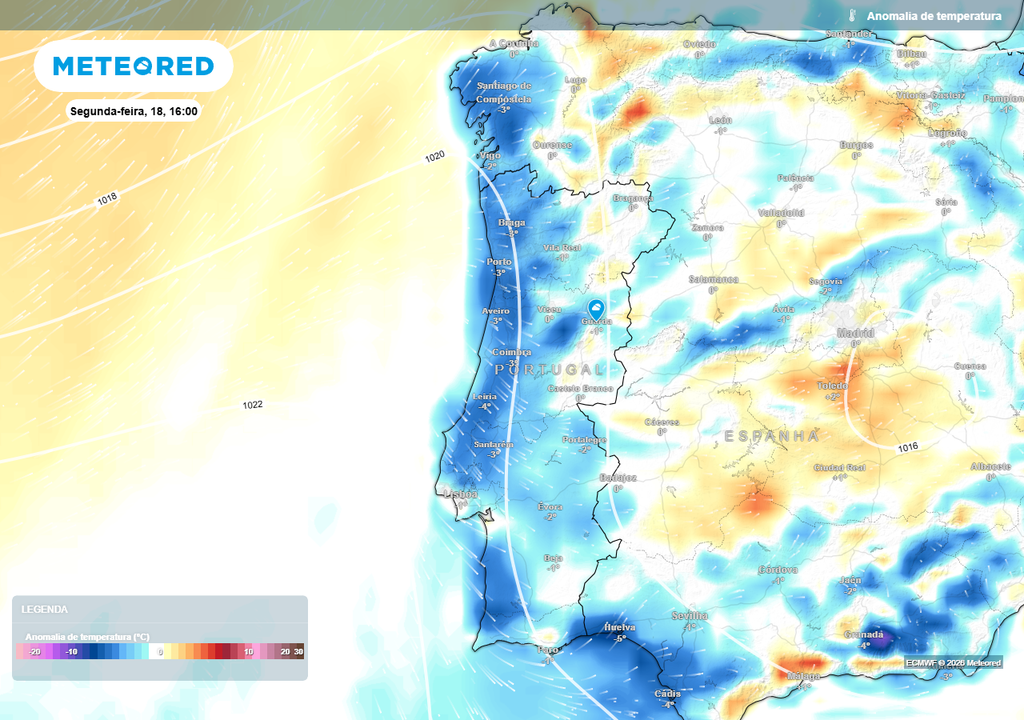 Tal como revela este mapa, até segunda-feira, 18 de maio, mesmo no período diurno espera-se que as temperaturas registem valores inferiores à média climatológica de referência.