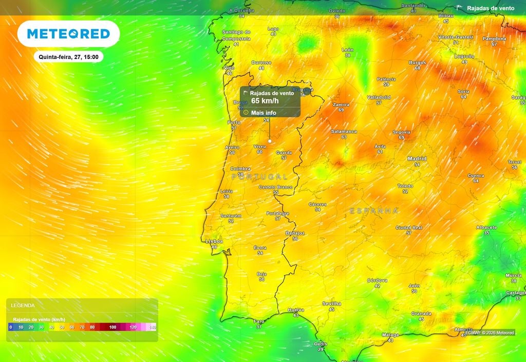 Em ambos os dias a fase em que o vento soprará com mais força deverá ocorrer entre o final da manhã e o final da tarde, produzindo rajadas até 60/70 km/h.