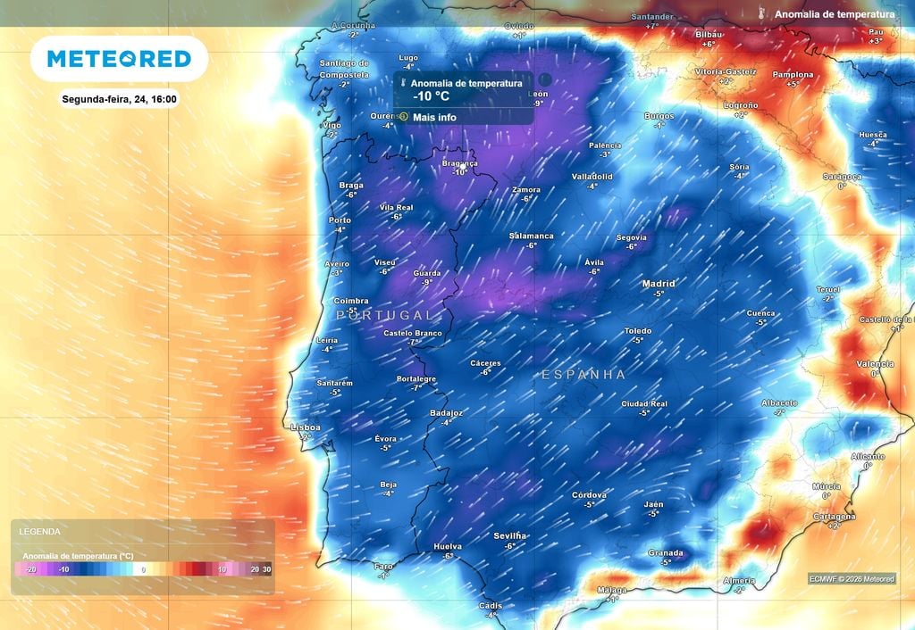 Aliás, já nesta segunda-feira (24) as temperaturas do ar medidas a 2 metros da superfície encontram-se já significativamente inferiores à média climatológica para esta altura do ano, especialmente no interior Norte e Centro (anomalias térmicas negativas de até -10 ºC), o que reforça a evidência de um tempo fresco para a época.